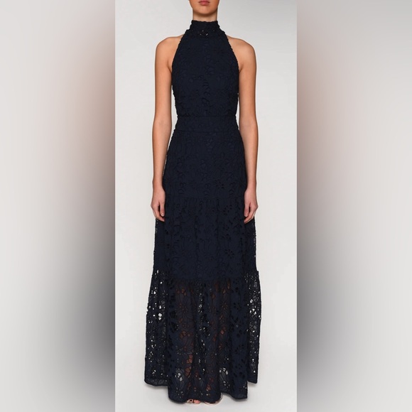 NWT True Decadence Navy Cut Work Organza Halter Neck Maxi Dress Sz 8 - Picture 1 of 7